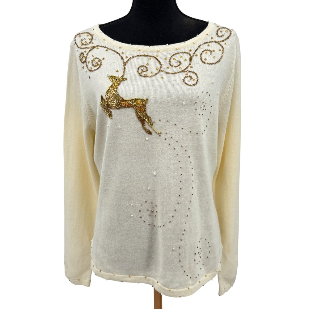 Berek Womens Sweater Cream Beaded Reindeer Christmas Sweater Pearls ‎ Large
